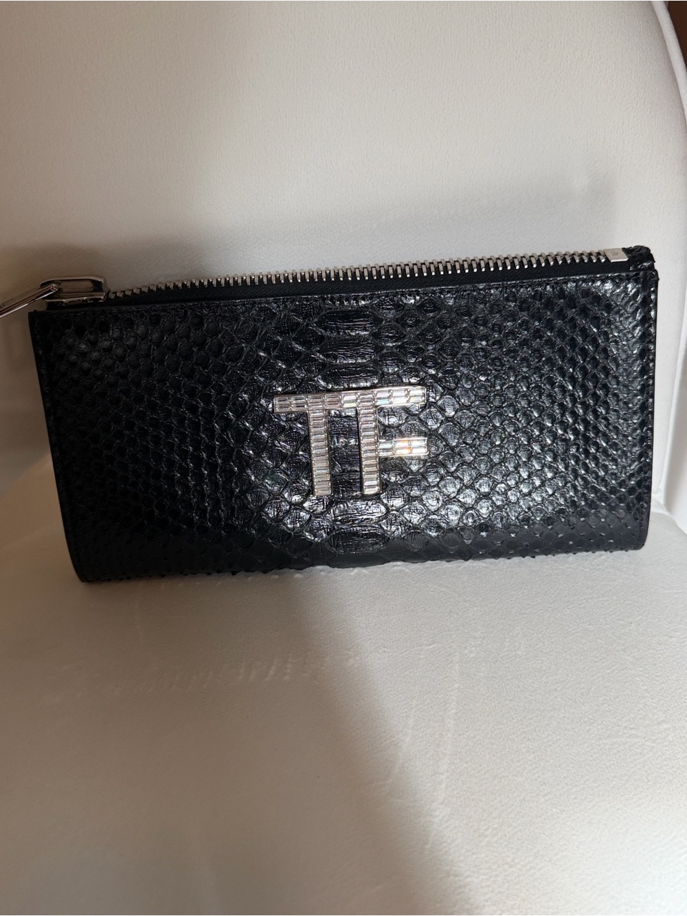 Tom Ford Black Python-Effect Zip Wallet with Silver TF Logo